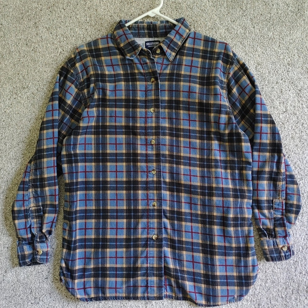 90s Corduroy Button Down Plaid Shirt Womens Medium Cotton Solutions Outdoor